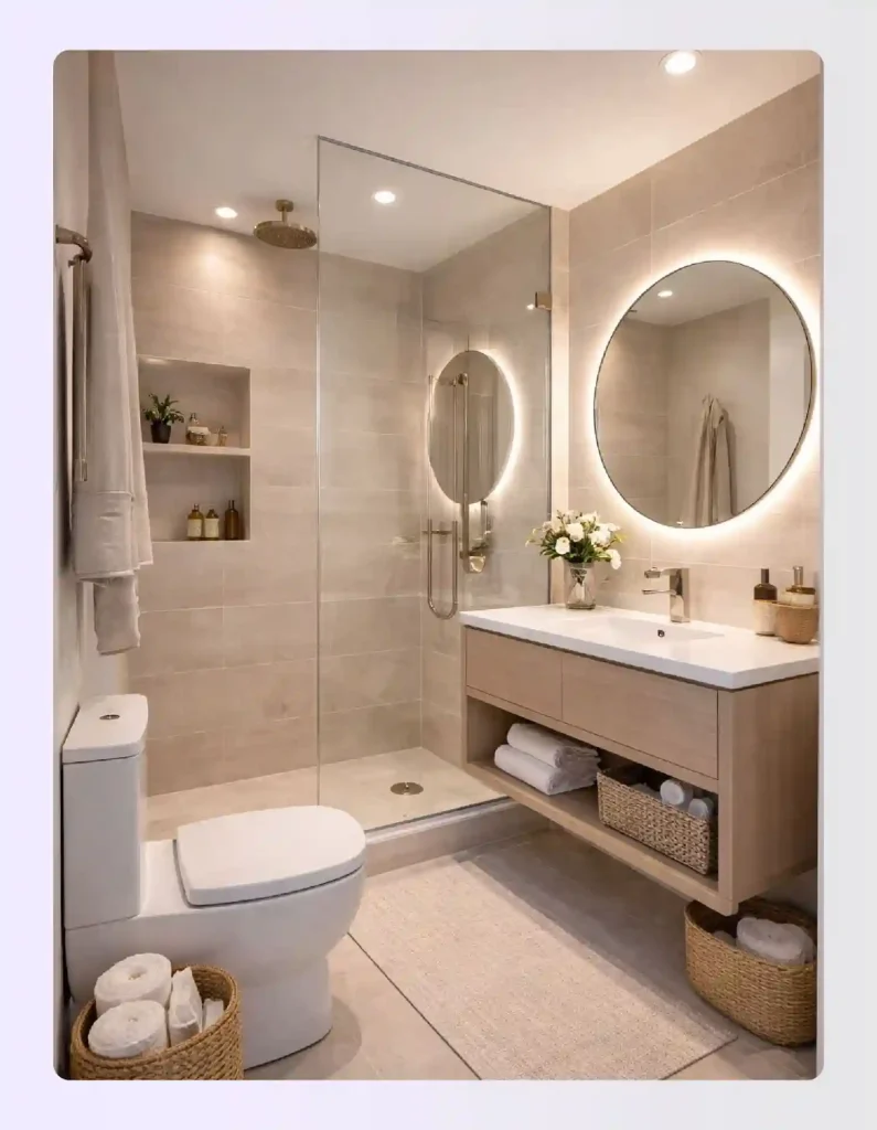 Corner Shower + Floating Center Vanity type layout Corner Shower + Floating Center Vanity type layout