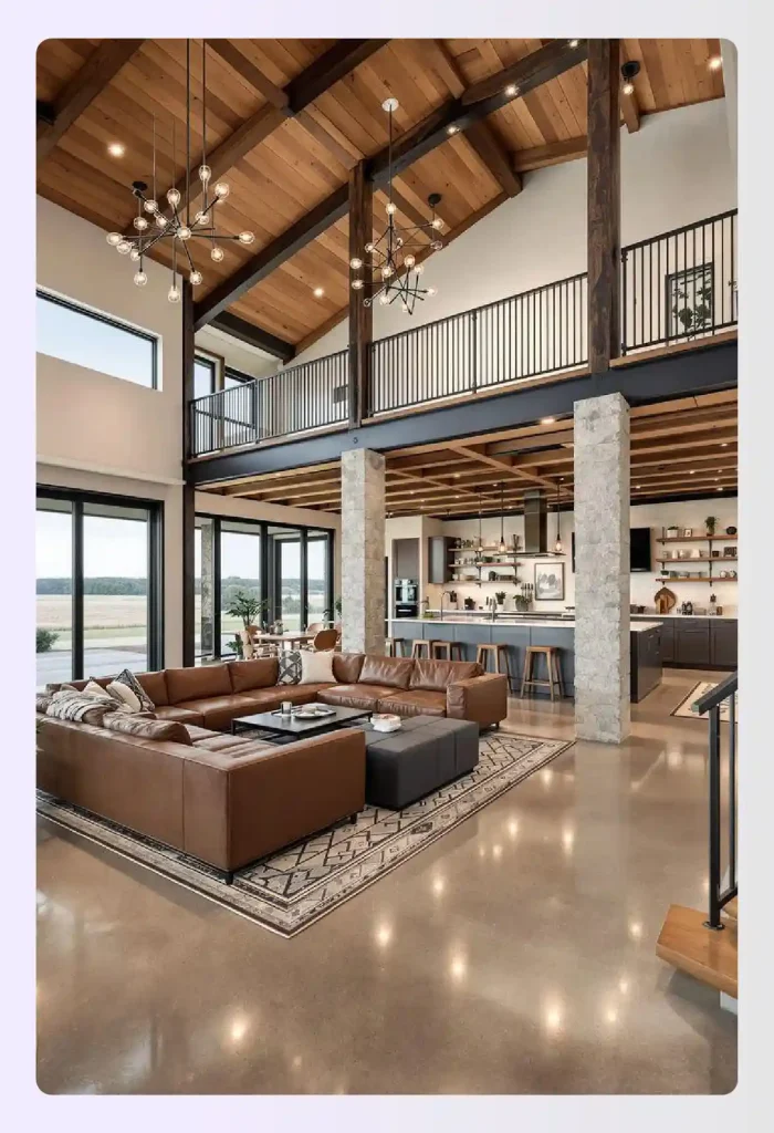 Luxury barndominium interior with double-height vaulted living space Luxury barndominium interior with double-height vaulted living space
