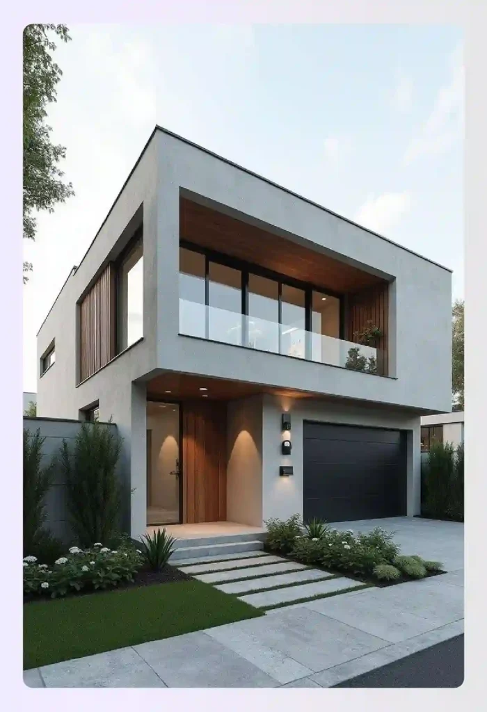 Two-story minimal Zen house with clean geometric lines Two-story minimal Zen house with clean geometric lines