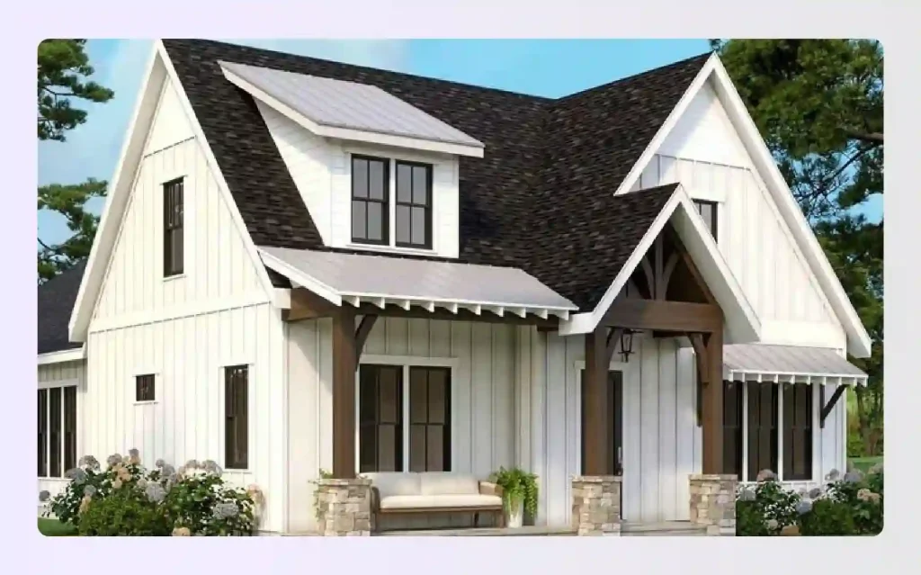 Two-story modern cottage with steep pitched roofline and dormer windows Two-story modern cottage with steep pitched roofline and dormer windows