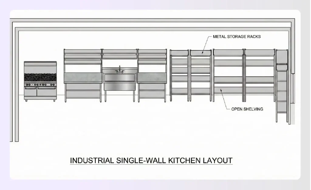 Open shelf industrial single-wall kitchen layout with metal racks Open shelf industrial single-wall kitchen layout with metal racks