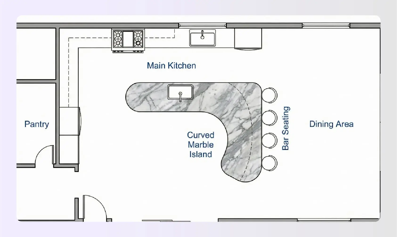 Curved island kitchen layout design with marble countertop Curved island kitchen layout design with marble countertop