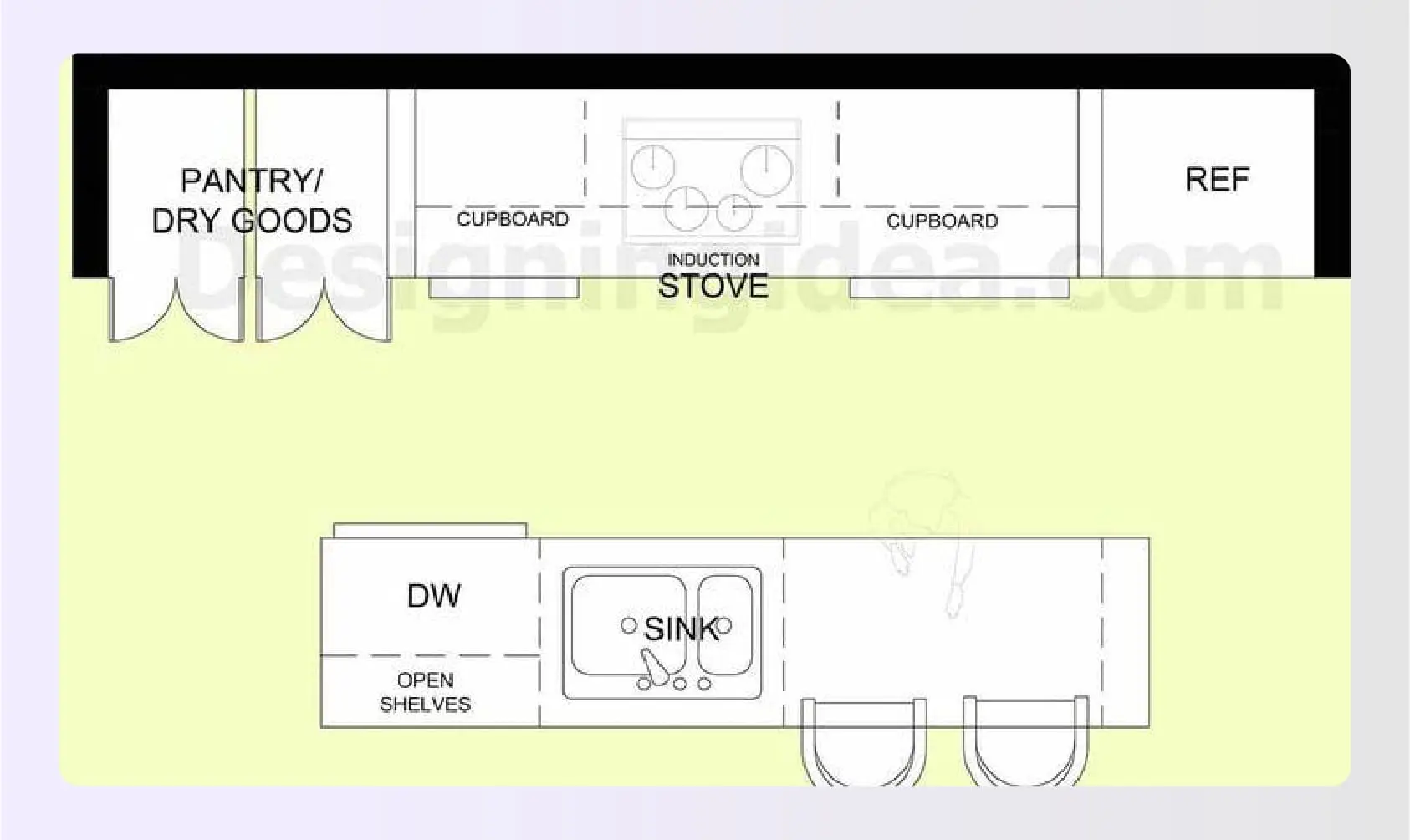 Modern galley kitchen design with island layout Modern galley kitchen design with island layout