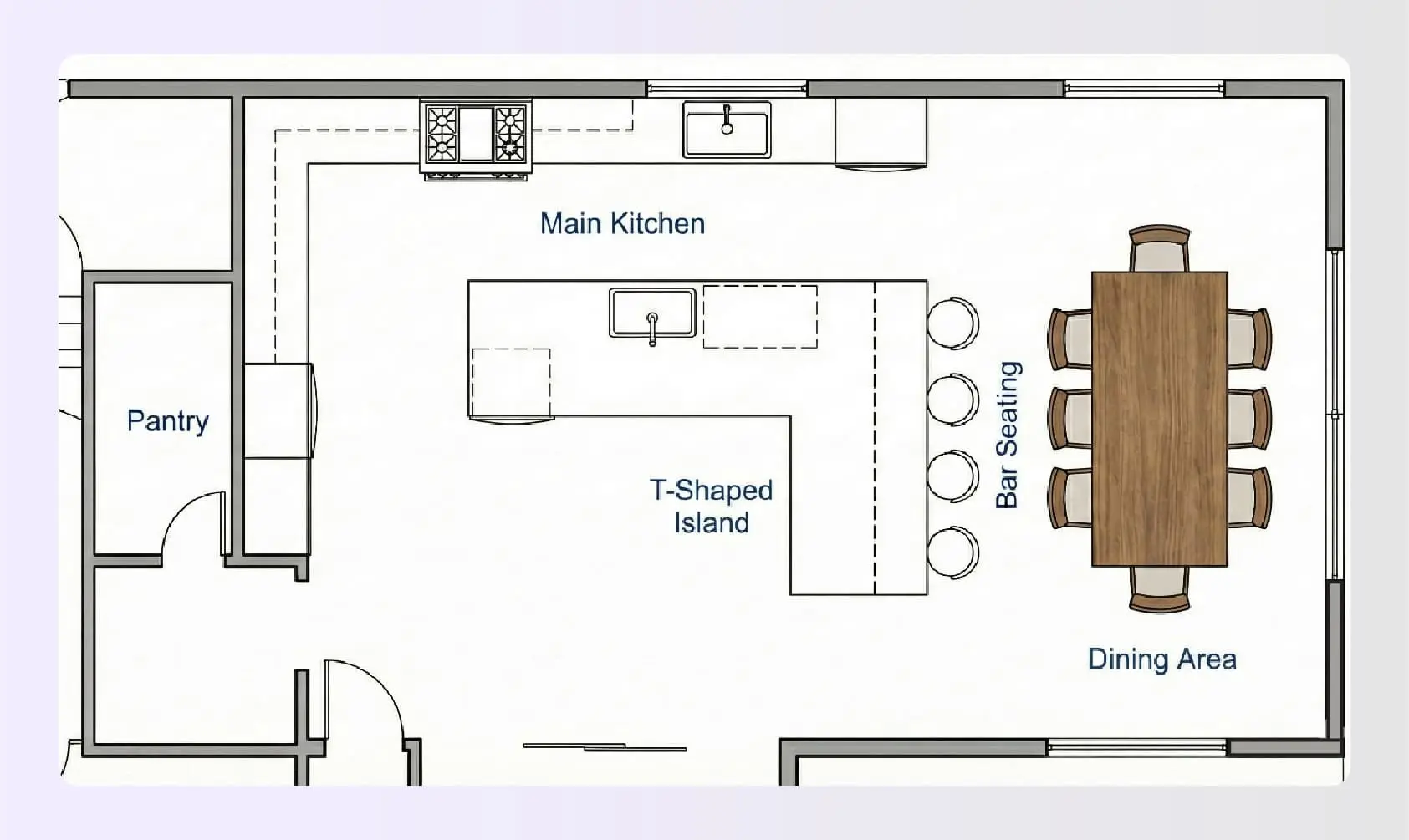 T-shaped island kitchen floor plan with dining table T-shaped island kitchen floor plan with dining table