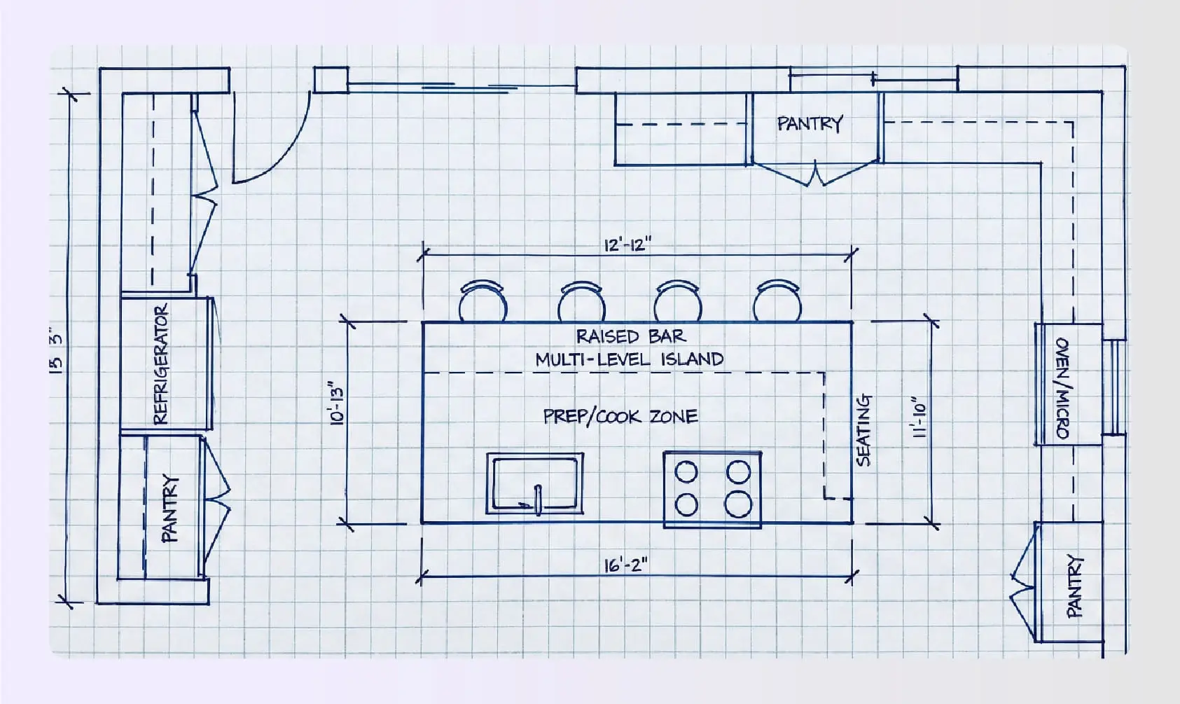 Multi-level island kitchen plan with raised bar Multi-level island kitchen plan with raised bar