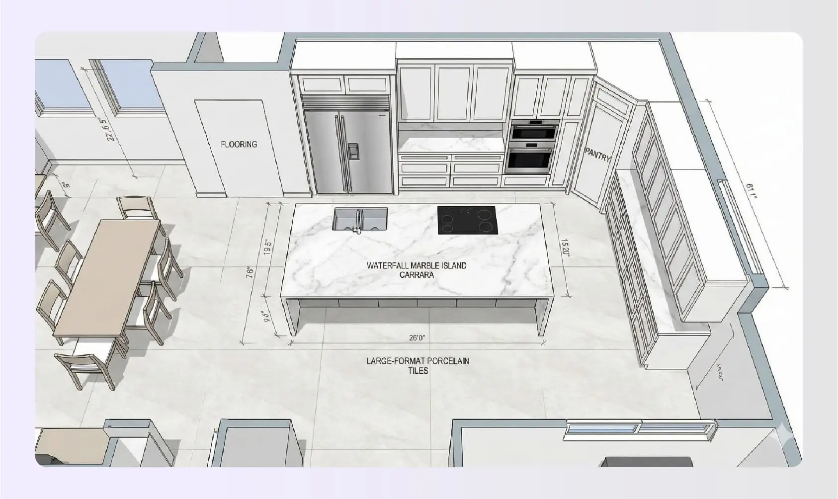 Waterfall kitchen floor plan with island marble Waterfall kitchen floor plan with island marble