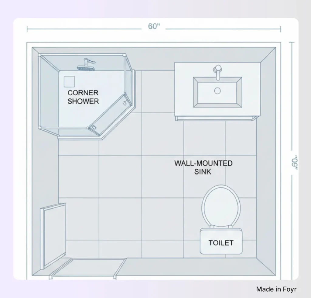 Corner shower setup for 5x5 square bathroom Corner shower setup for 5x5 square bathroom