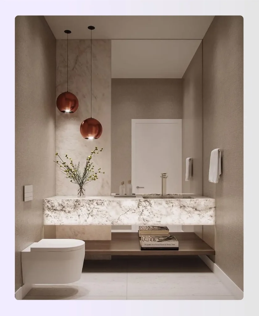 Square powder roo with floating vanity and mirror Square powder roo with floating vanity and mirror