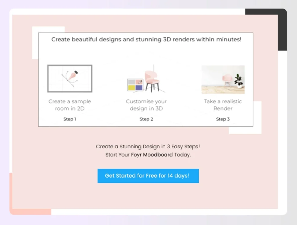 Foyr Neo three step design process interface Foyr Neo three step design process interface