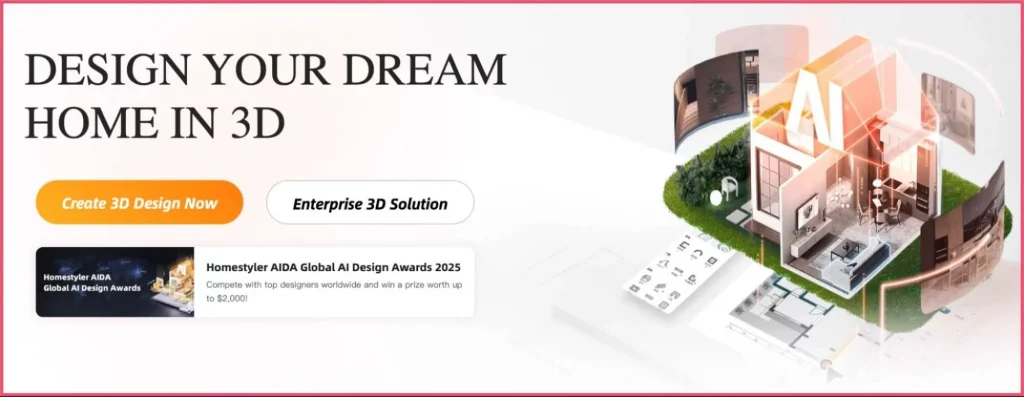 Homestyler is a 3D home design tool displaying drag-and-drop furniture placement with realistic room visualization