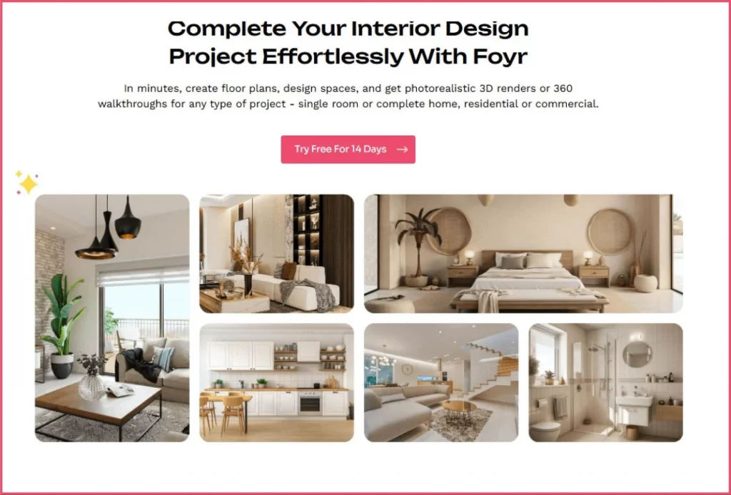 Foyr is a cloud-based interior design platform showing photorealistic 3D rendered rooms with professional furniture and lighting