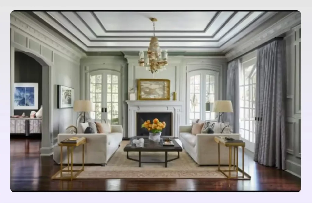 Intricate decorative molding on a gray tray ceiling design