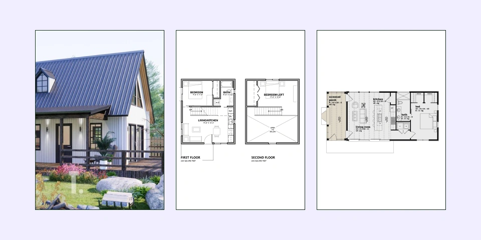 Loft-style one-bedroom plan with open ceilings and flexible use Loft-style one-bedroom plan with open ceilings and flexible use