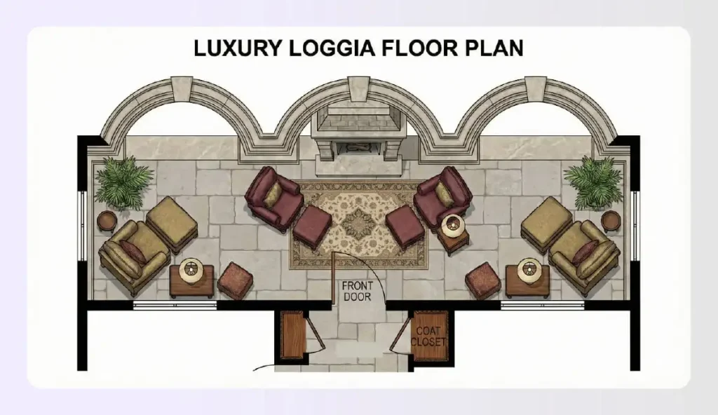 Luxury loggia floor plan with archways and seating Luxury loggia floor plan with archways and seating