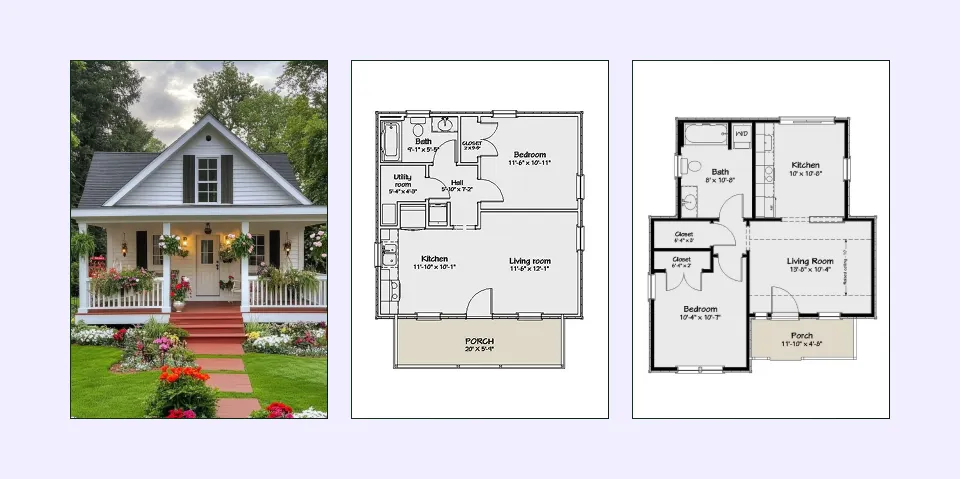 One-bedroom cottage floor plan with extended porch design One-bedroom cottage floor plan with extended porch design