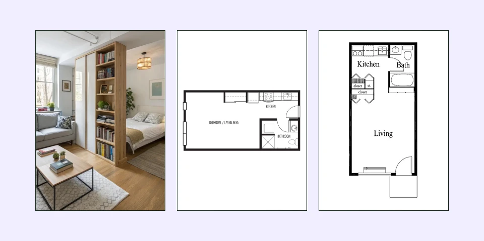Open-concept studio one-bedroom plan with combined living spaces Open-concept studio one-bedroom plan with combined living spaces