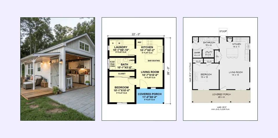 Ranch-style one-bedroom house plan with open central living area Ranch-style one-bedroom house plan with open central living area