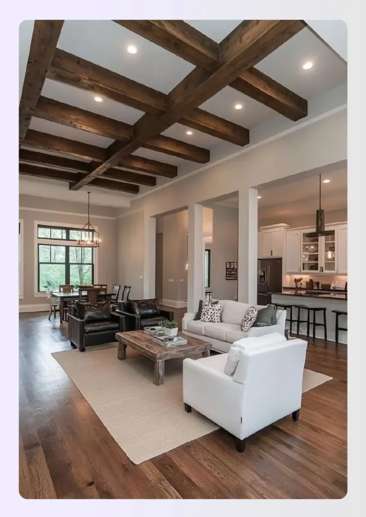 Rustic wooden beams inside a white tray ceiling
