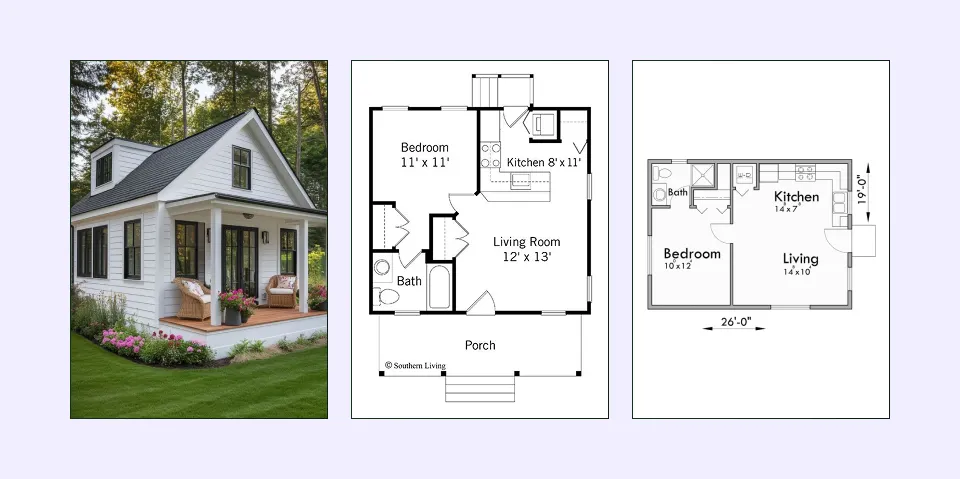 Simple affordable 1-bedroom house plan for cost-conscious living. Simple affordable 1-bedroom house plan for cost-conscious living.
