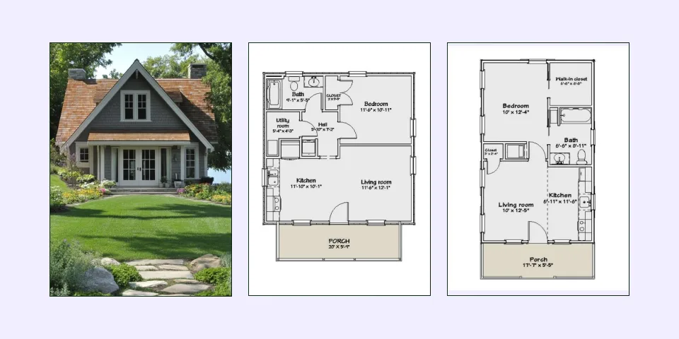 Simple linear 1-bedroom house plan with functional layout. Simple linear 1-bedroom house plan with functional layout.