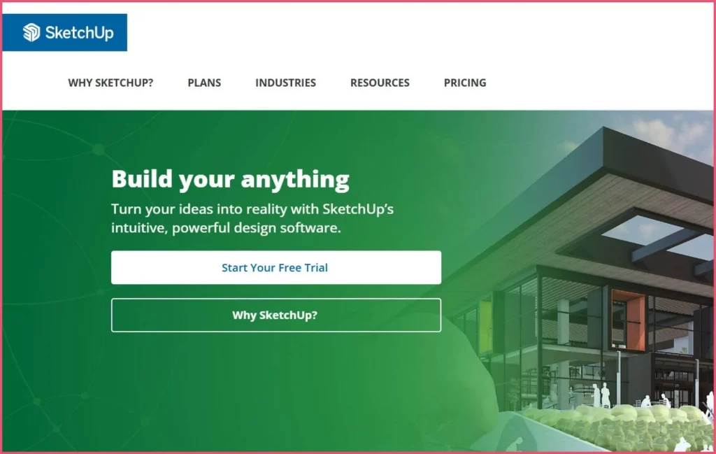 SketchUp is a 3D modeling software interface showing detailed architectural house models with advanced modeling tools