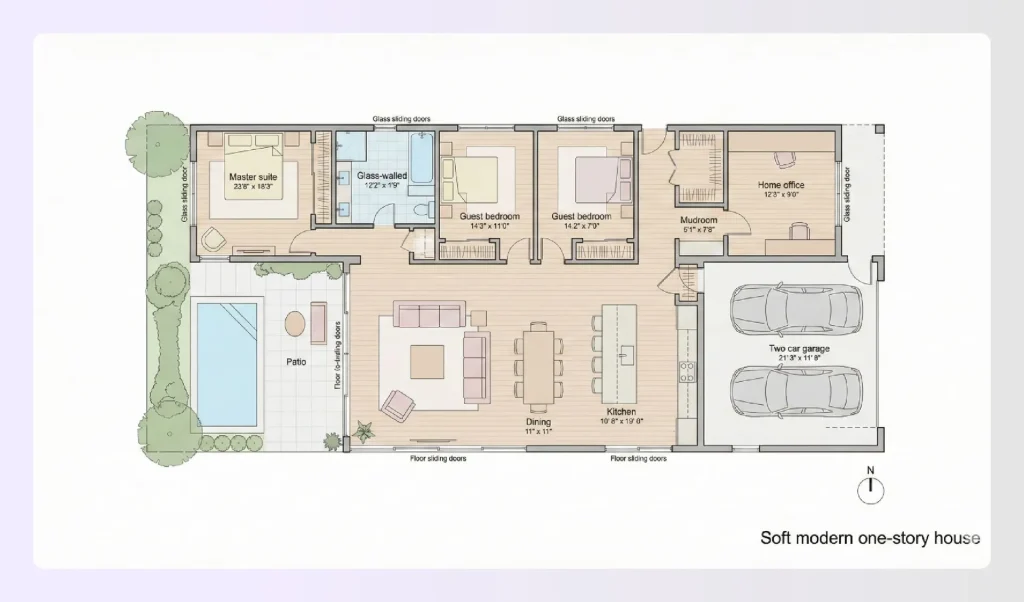 Soft modern one-story house plan design with glass panels Soft modern one-story house plan design with glass panels