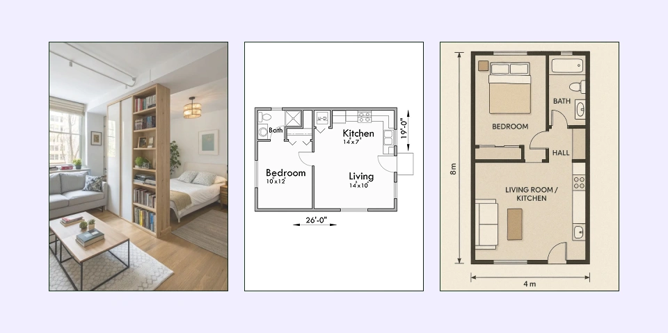 Studio-style one-bedroom floor plan with integrated living space Studio-style one-bedroom floor plan with integrated living space