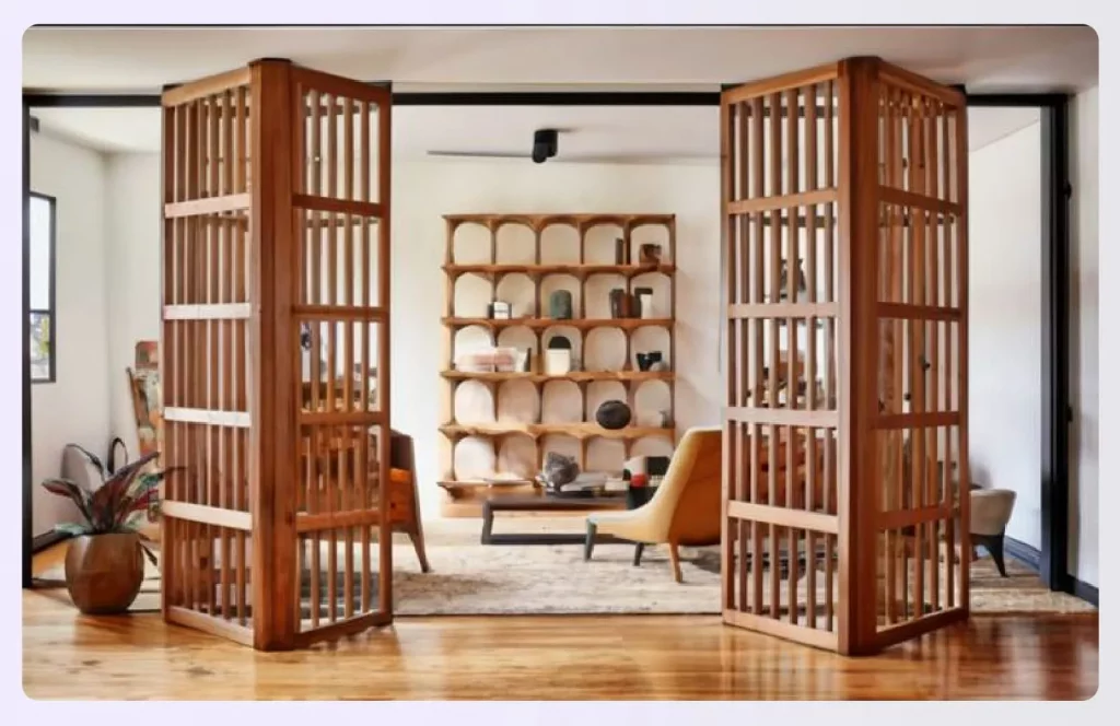 Two large, slatted wooden frames used as room dividers