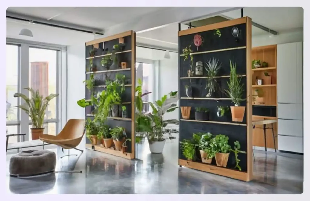 Two opaque dividers covered in various wall planters