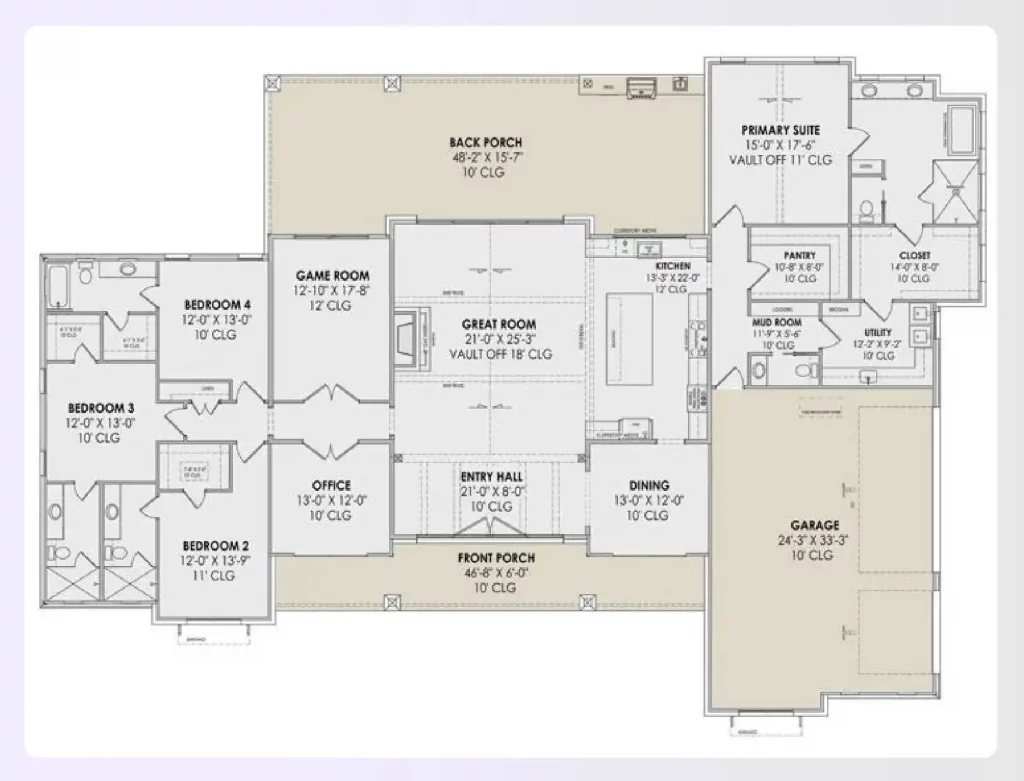 Wing-style 4-bedroom farmhouse floor plan