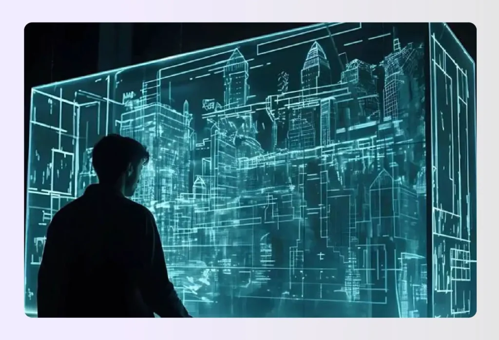 Wireframe projection on a glass cube structure Wireframe projection on a glass cube structure