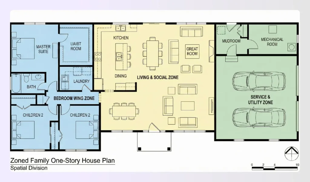 Zoned family one-story house plan with spatial division